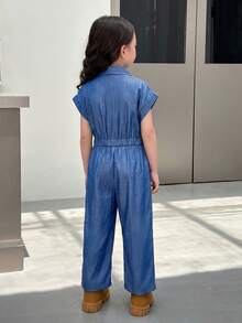 SHEIN Little Byeori 女童纯色梭织连体裤，翻领，短款纽扣门襟，双口袋，卡其色，适合女童穿着。 - 藍色 - 查看 2