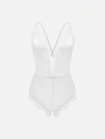Valentine's Day Gift New Solid Color Women's Sexy Lingerie Set Deep V-Neck Crossover Adjustable Straps Backless Jumpsuit Waist-Cinching Lace Patchwork Home Bodysuit