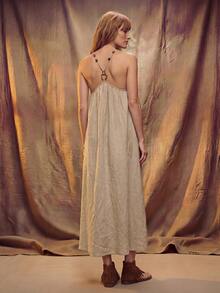 Fembélia Women's Simple Solid Color Backless Halter Neck Dress, Summer - Khaki - View 2