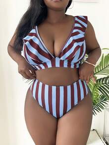 Slaydiva Plus Size Women 2pcs Striped Print Tankini Swimwear Set - Multicolor - View 4