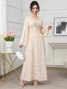 Yasmyna V-Neck Floral Print Contrast Tie-Dye Flare Sleeve Dress, Spring/Summer - Yellow - View 6