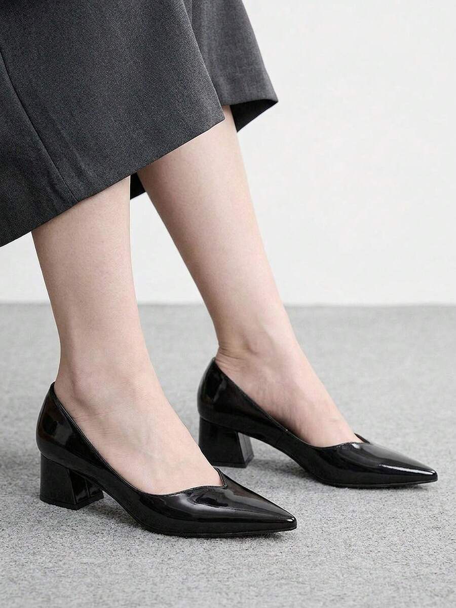CUCCOO BIZCHIC 女士黑色漆皮尖头经典办公通勤商务粗跟高跟鞋 - 靜夜黑色 - 查看 1