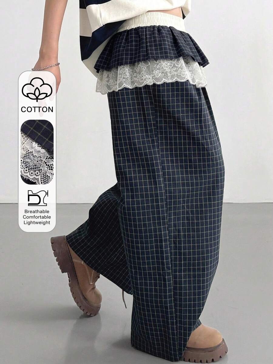 FRIFUL Women's Contrast Color Elastic Waist Drawstring Plaid Straight Pocket Casual Pants, Autumn - Multicolor - View 1