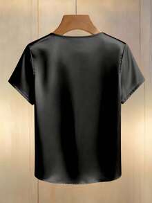 SHEIN Rosivaux 女士香槟色优雅圆领珍珠装饰长袖衬衫，缎面面料，适合通勤和日常优雅穿着 - 黑色 - 查看 3