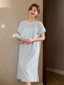 DAZY Women's Solid Color Pleated Casual Everyday Dress Summer Pajamas - Blue - View 5