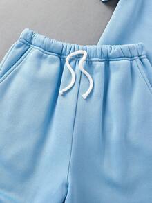 2pcs/Set Tween Boys' Casual Round Neck Short Sleeve T-Shirt And Shorts Set, Suitable For Commuting, School, Daily Casual Wear, Sports, Spring/Summer - Baby Blue - View 5