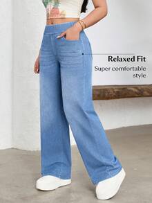 Flexra Quần jean ống rộng cạp chun co giãn dành cho nữ, kiểu dáng thể thao năng động. - Rửa nhẹ - Xem 5