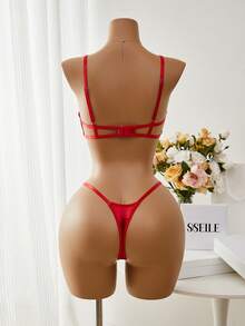 Esselle 2pcs Sexy Maple Leaf Lace Bralette Lingerie Set, Semi-Sheer - Red - View 2