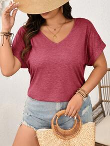 SHEIN Frenchy Plus Size Women's V-Neck T-Shirt With Lace Sunflower Patchwork Back - Watermelon Pink - View 3
