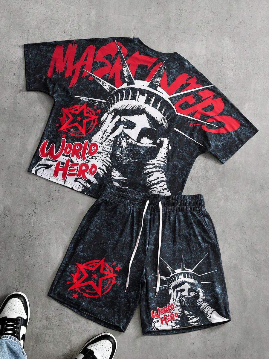 PAVTROS Plus Size Men's Statue Of Liberty Letter Print T-Shirt - Black - View 1