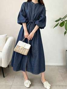 FRIFUL Vestido vaquero de mujer de manga farol suelta de hombros caídos, de un solo pecho, para uso casual, trayecto diario, primavera/verano/otoño - Azul lavado oscuro - Ver 7