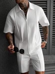 Manfinity CasualCool 男士纯色拉链短袖衬衫短裤休闲套装，送给男友或老公的理想礼物，适合日常穿着 - 白色 - 查看 5