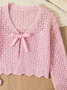 SHEIN Áo choàng dệt kim buộc vạt phía trước cho bé gái tuổi mới lớn, tay dài - Hồng - Xem 3