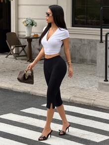 Hanevo Women's Solid Color Fashionable Versatile Leg Slit Fitted Capri Pants Everyday Black Summer Casual - Black - View 5