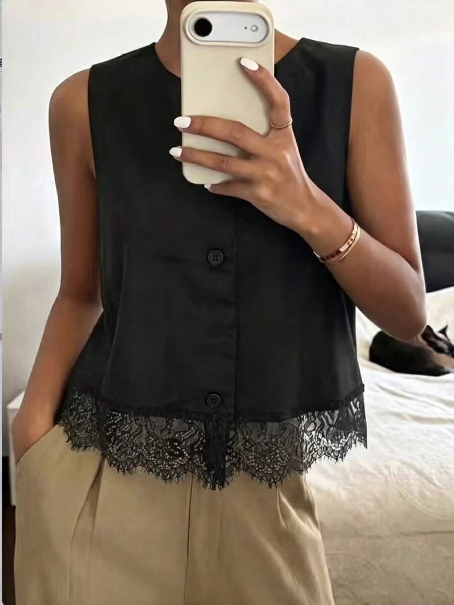 Livesso 女士无袖蕾丝拼接宽松商务休闲背心,时尚办公穿着设计,黑色,春夏款 - 黑色 - 查看 1
