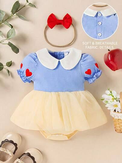 SHEIN Playful Pals 全新婴儿/幼儿女孩可爱心形印花领短袖网眼连体衣套装带蝴蝶结头带，独特时尚设计