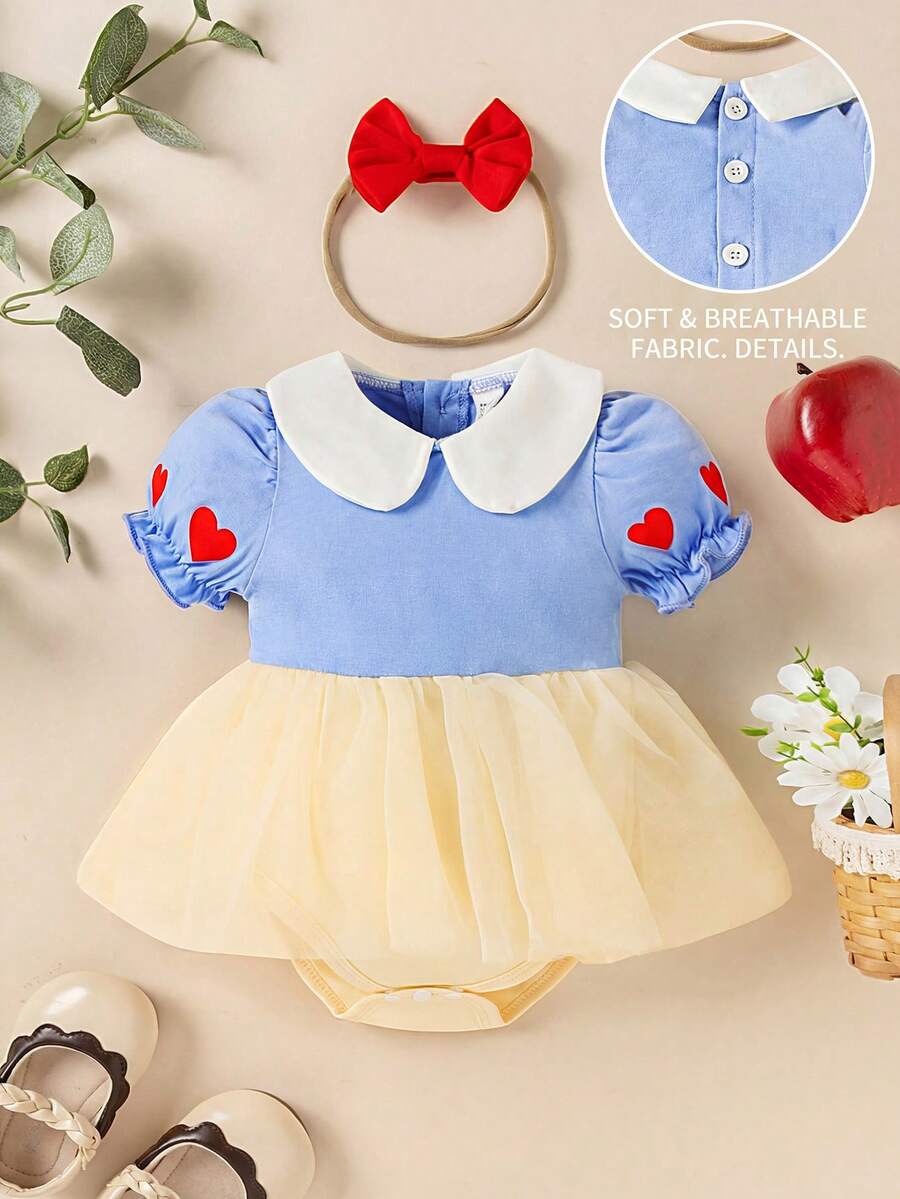 SHEIN Playful Pals Nuevo mono corto de manga corta con estampado de corazones y cuello para bebé/niña pequeña con diadema de moño, diseño único y de moda
