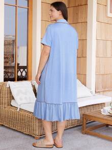 Doze Lane Áo ngủ cỡ lớn, kiểu dáng thường ngày, chất liệu cotton, nhiều màu sắc, cổ áo viền tương phản, mở phía trước, vạt áo xếp ly, tay ngắn. - Nhiều màu - Xem 2
