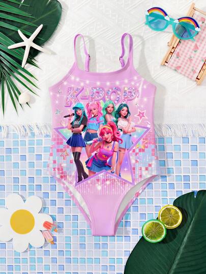 Young Girls' Casual Minimalist One-Piece Swimsuit, Suitable For Summer