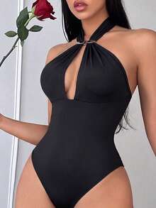 SHEIN Raffinéa 女士性感深V领系带连体衣，金属装饰纽扣连体衣，夏季沙滩派对性感装扮 - 黑色 - 查看 1