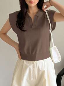 Dazy-Less Women's Casual Business Style Solid Color Loose Fit Knit Sweater With Collar Old Money - Coffee Brown - View 5