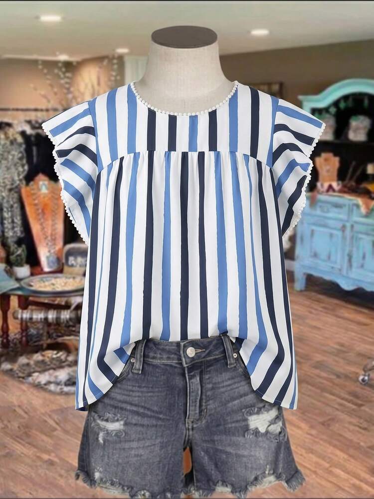 Plus Size Women Striped Round Neck Casual Versatile Daily Wear Shirt Summer Summer Outfit For Women Festival Outfits For Women Beach Outfits For Women Vacation Outfits Women Holiday Outfits  For Women Country Concert Outfit