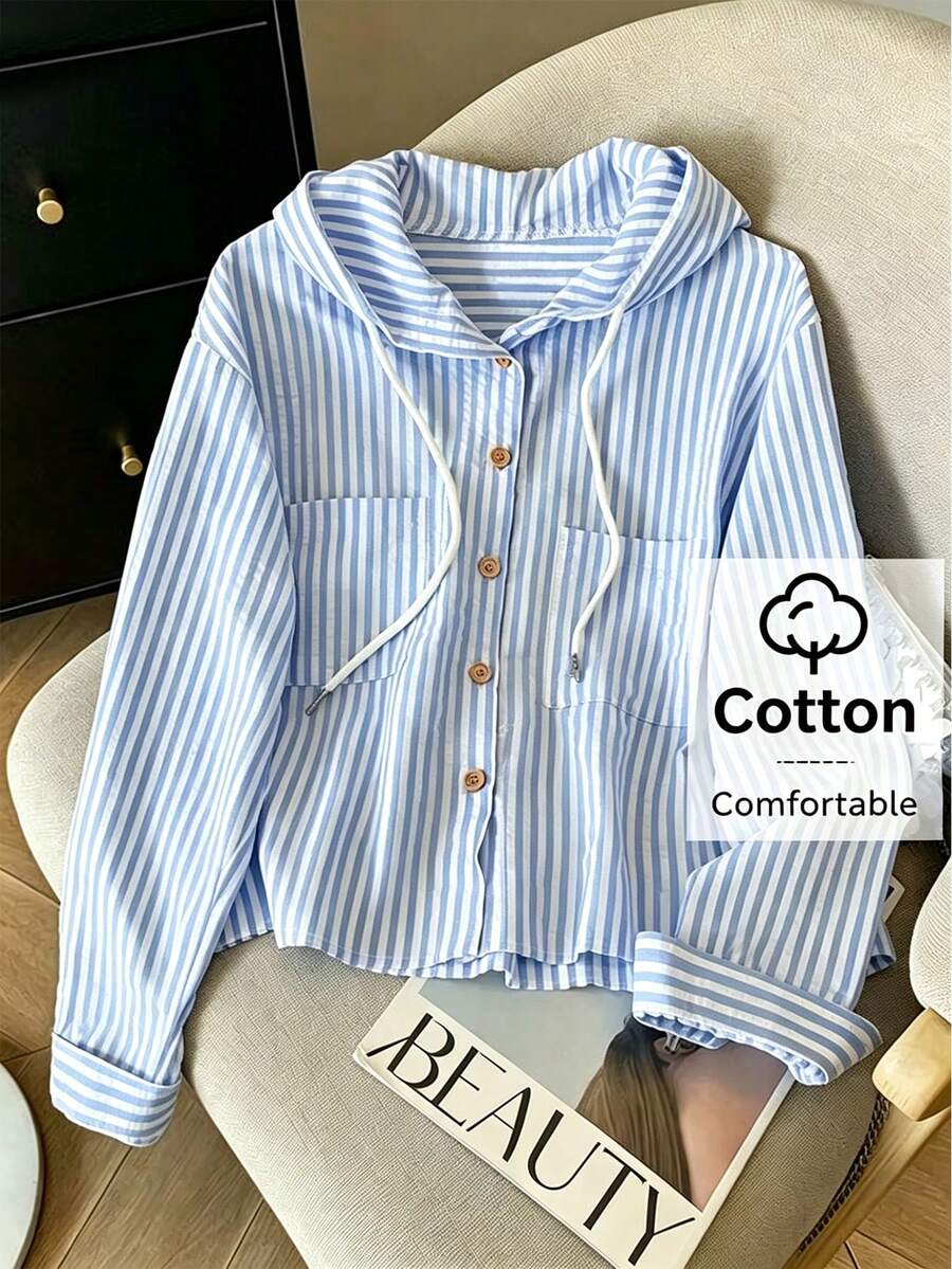 Resyla New Women Casual Loose Striped Hooded Long Sleeve Shirt - Blue - View 1