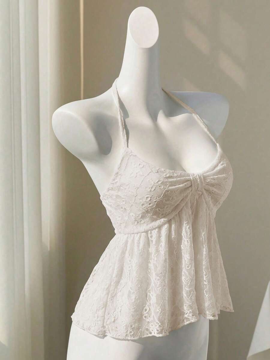 Elamini Áo thun nữ thêu hoa, xếp ly, kiểu dáng thường ngày, đa năng, cổ yếm, buộc dây. - Hồng - Xem 1
