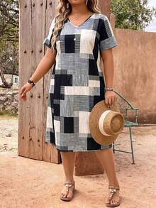 EMERY ROSE Plaid Patchwork Print V-Neck Button Decor Plus Size Dress - Black - View 4