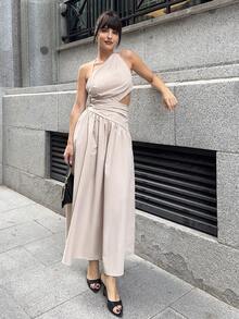 Marta Soriano 新品春夏休闲度假不对称镂空露背交叉系带长裙 - 杏色 - 查看 4