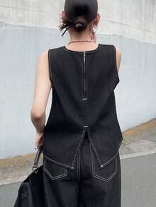 FRIFUL Conjunto de chaleco y pantalones de mezclilla casual para mujer - Azul - Ver 9