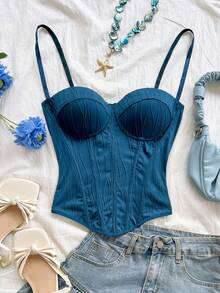 Soleia Áo croptop hai dây dệt sóng gợi cảm dành cho nữ, thích hợp cho đi biển, hẹn hò hoặc tham dự lễ hội âm nhạc. - Xanh đậm - Xem 5