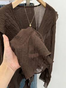 Muvela Women's Casual Sheer Ruffle Trim Front Tie Bell Sleeve Blouse, Spring/Summer,Summer Top Elegant - Brown - View 3
