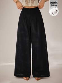 SHEIN PETITE Women's Simple Casual High-Waisted Wide-Leg Cotton Trousers, Suitable For Back-To-School And Commuting - Black - View 1
