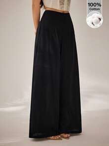 SHEIN PETITE Women's Simple Casual High-Waisted Wide-Leg Cotton Trousers, Suitable For Back-To-School And Commuting - Black - View 5