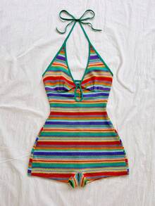 Soleia Green Striped Multicolor Knitted Halter Backless Mini Jumpsuit,Summer Boho Beach Vacation Pride Month Carnival Party Halloween New Year Date Romper - Multicolor - View 3