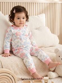 Cozy Pixies Conjunto de pijama ajustado para bebé niña, parte superior de cuello redondo de punto suave con estampado floral y manga larga, y leggings de cintura elástica - Rosa - Ver 10