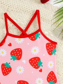 SHEIN Baby Girls' Strawberry & Daisy Print Swimsuit With Ruffled Skirt, Soft & Stretchy Fabric, Suitable For Swimming, Beach, Pool, Summer Vacation - Red - View 4