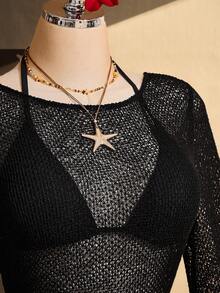 SHEIN ICON 大码女式纯色圆领喇叭袖性感连衣裙 - 黑色 - 查看 6
