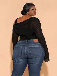 CurvyTilda Plus Size Black Off-Shoulder Asymmetrical Flare Long-Sleeved 2 In 1 Elegant And Sweet Tops, Suitable For Daily Outings And Dates, For Hourglass Body Shape - Black - View 2
