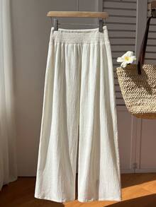 Sunnyshic Women's Off-White 100% Cotton Pleated Waist Straight Leg Pants,Casual Trousers For Summer,Holiday,Vacation,Holiday Beach Strolling Minimalist - White - View 5