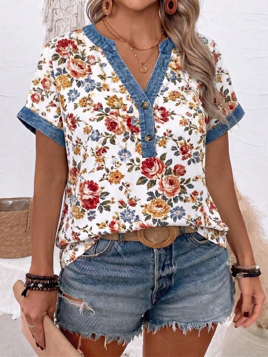 EMERY ROSE 女款春夏新品花卉印花拼接丹寧效果印花休閒波希米亞風百搭大尺碼T恤度假白色 - 彩色 - 查看 1