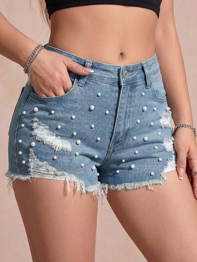 SHEIN 女士夏季休闲时尚串珠做旧毛边牛仔短裤