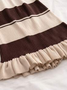SHEIN Summer Black & White Ribbed Navy Style Contrast Color Knit Dress, Fitted Rib Knit Ruffle Hem Sleeveless A-Line Dress, Commuter Casual Dress For Women - Coffee Brown - View 4