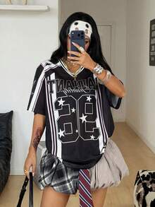 Coolane 女士夏季节日复古街头运动服号码印花超大棒球衫T恤 - 黑色 - 查看 3