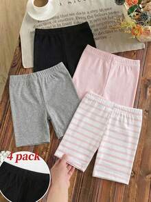 SHEIN Bộ 4 chiếc quần short ôm sát mềm mại và co giãn cho bé gái, màu đen, hồng, xám, sọc hồng, thích hợp cho mùa hè. - Nhiều màu - Xem 6