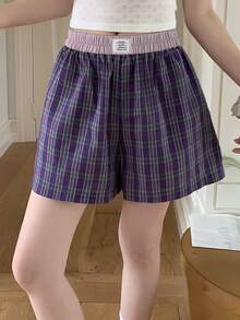 DAZY Pantalones cortos de pijama con estampado de cuadros, parches y cintura elástica para mujer, para verano - Morado - Ver 6