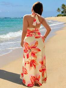 GalTyme Plus Size Women Pink Floral Ruched Halter Top And Mini Skirt 2-Piece Set,Summer Boho Vacation Holiday Casual Chic Party Beach Fashion Y2k - Yellow - View 2