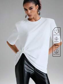 SHEIN Aveloria GENKIRA Áo dệt kim nữ cổ tròn, vạt bất đối xứng, thiết kế nhún bèo, eo thắt, dáng rộng thoải mái, màu trơn, chất liệu cotton nguyên chất, tay ngắn, đa năng, thích hợp cho mùa hè. - trắng - Xem 1