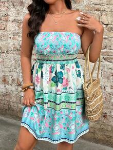 Breezaya Plus Size Women Floral Print Ruched Casual Vacation Date Tube Dress - Multicolor - View 3